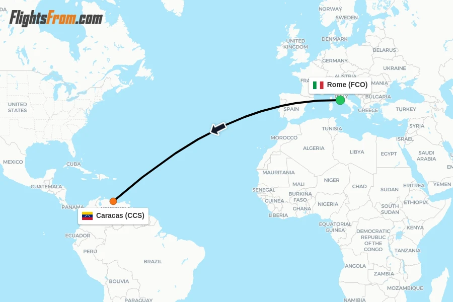 Flights from Rome to Caracas route map
