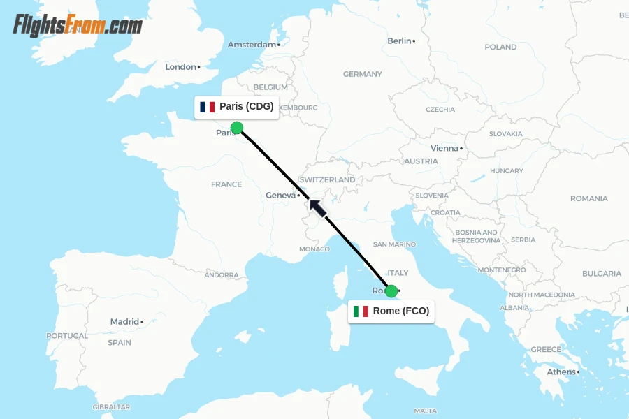 Flights from Rome to Paris route map