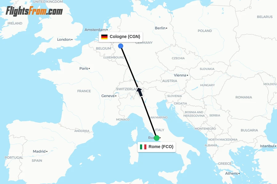 Flights from Rome to Cologne route map