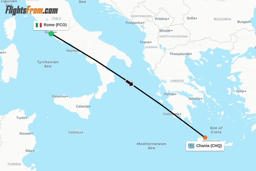 Flights from Rome to Chania route map