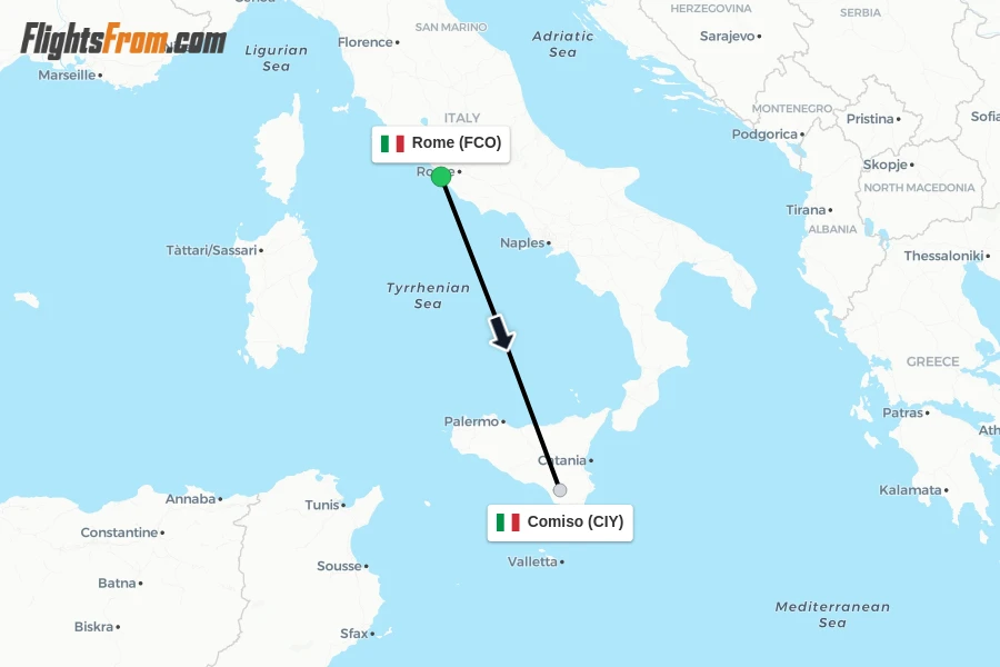 Flights from Rome to Comiso route map