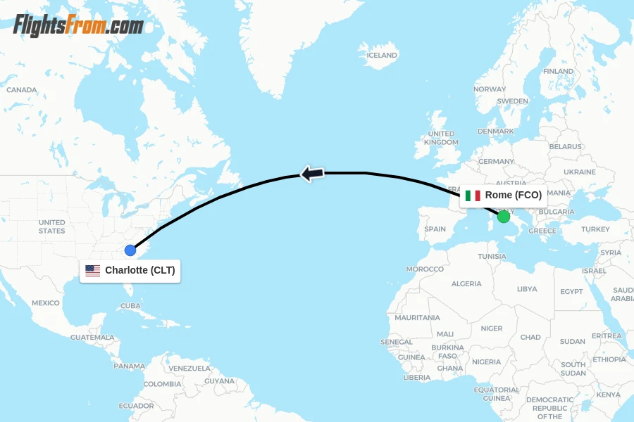 Flights from Rome to Charlotte route map