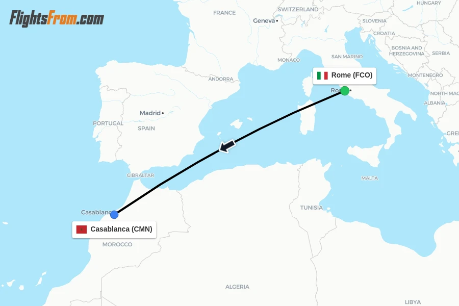 Flights from Rome to Casablanca route map
