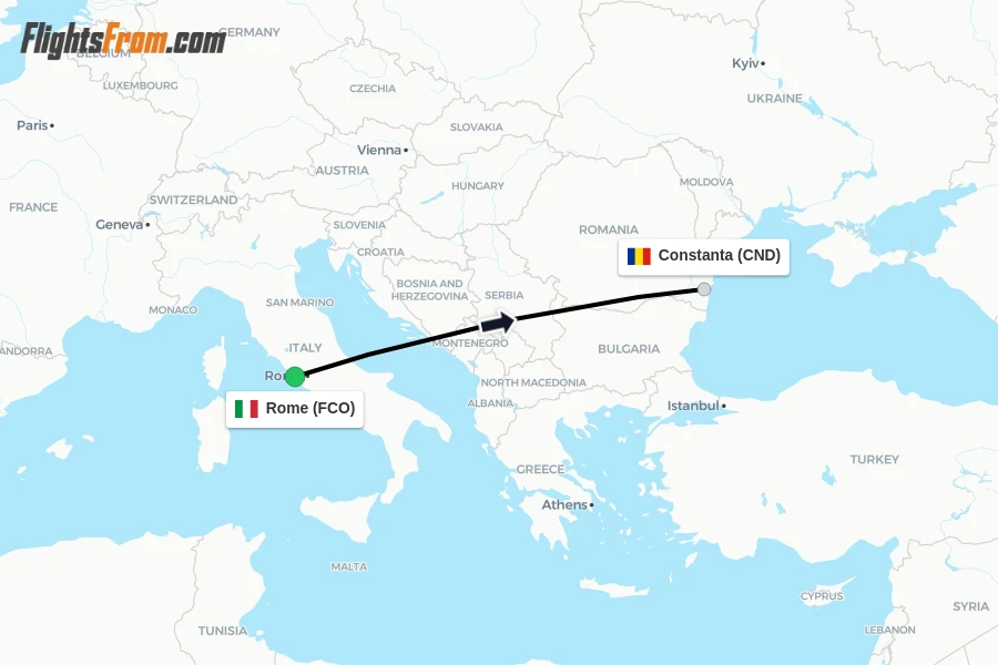 Flights from Rome to Constanta route map