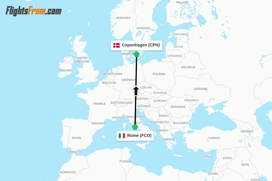 Flights from Rome to Copenhagen route map