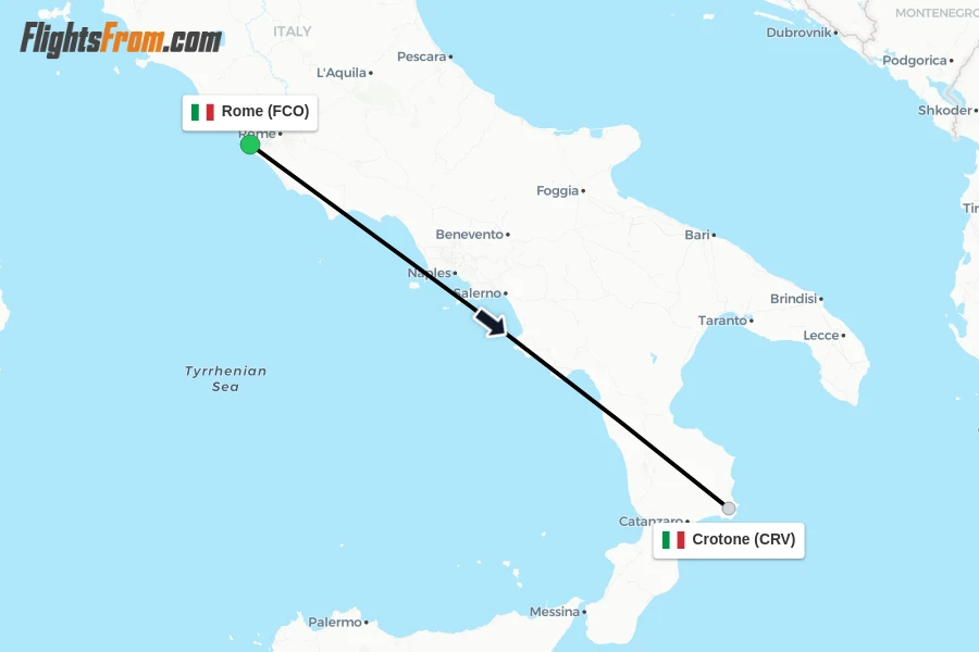 Flights from Rome to Crotone route map