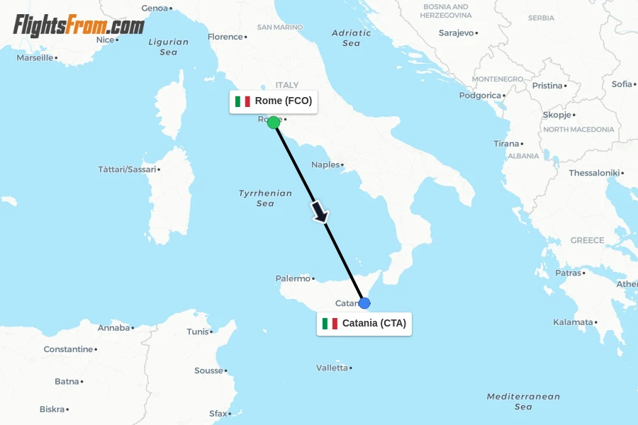 Flights from Rome to Catania route map