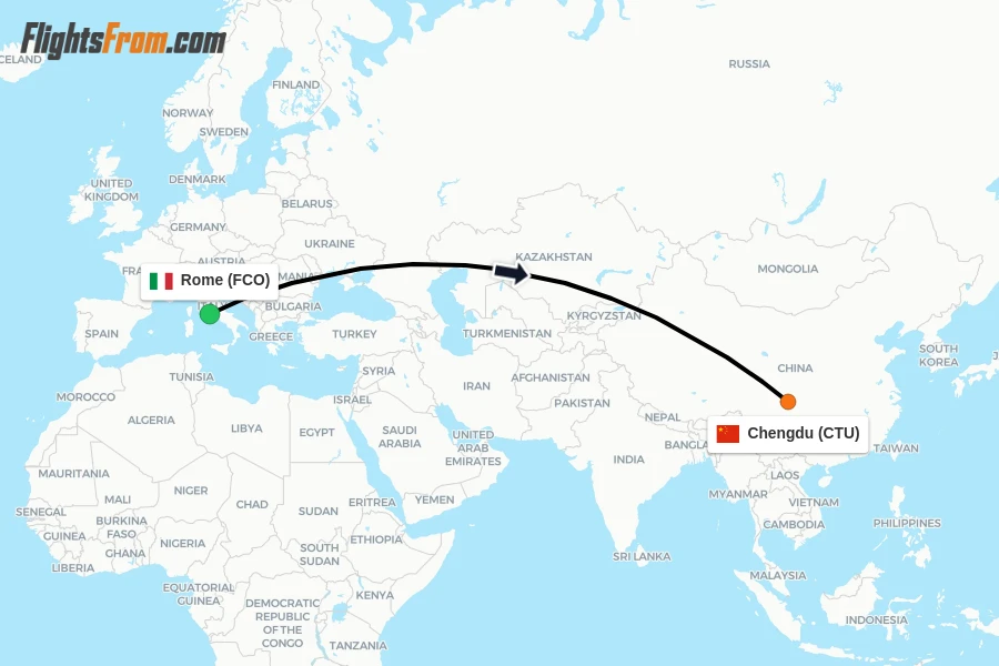 Flights from Rome to Chengdu route map