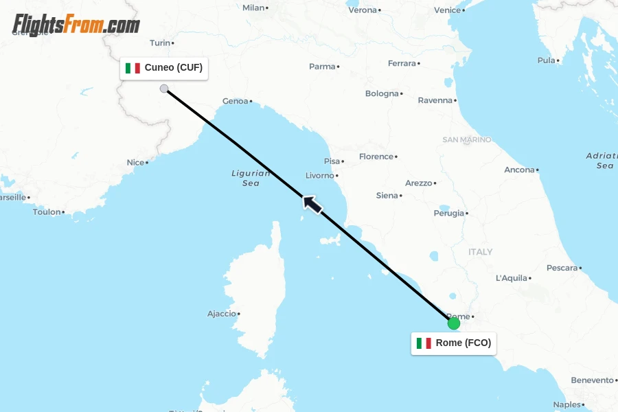Flights from Rome to Cuneo route map