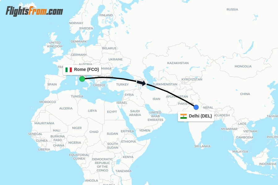 Flights from Rome to Delhi route map