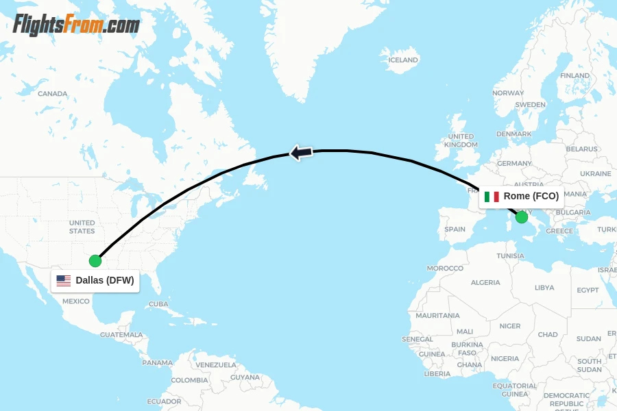Flights from Rome to Dallas route map