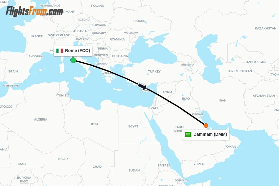 Flights from Rome to Dammam route map