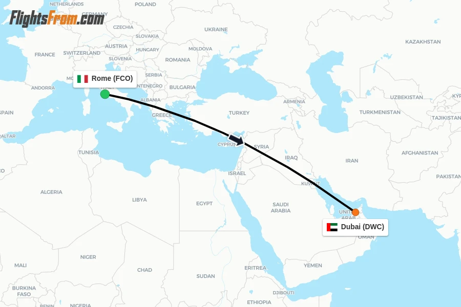 Flights from Rome to Dubai route map