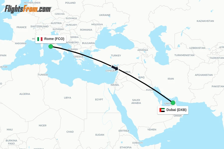 Flights from Rome to Dubai route map