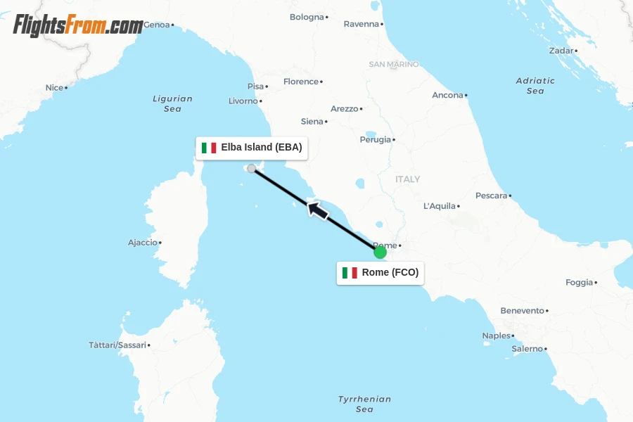 Flights from Rome to Elba Island route map