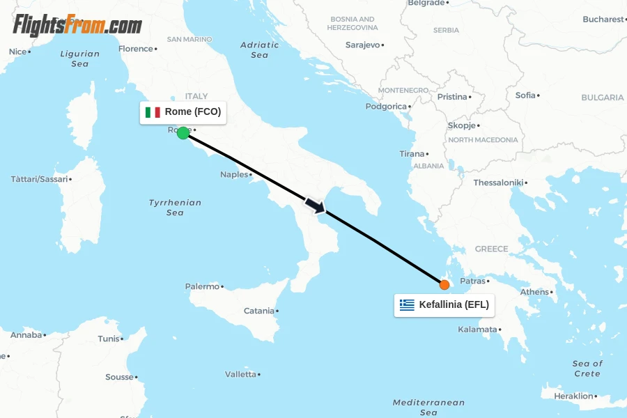 Flights from Rome to Kefallinia route map