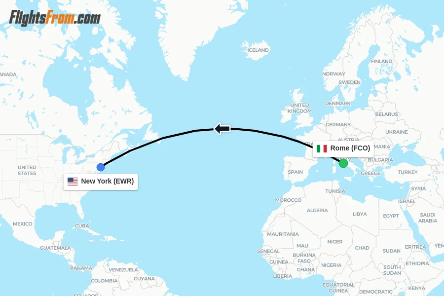Flights from Rome to New York route map