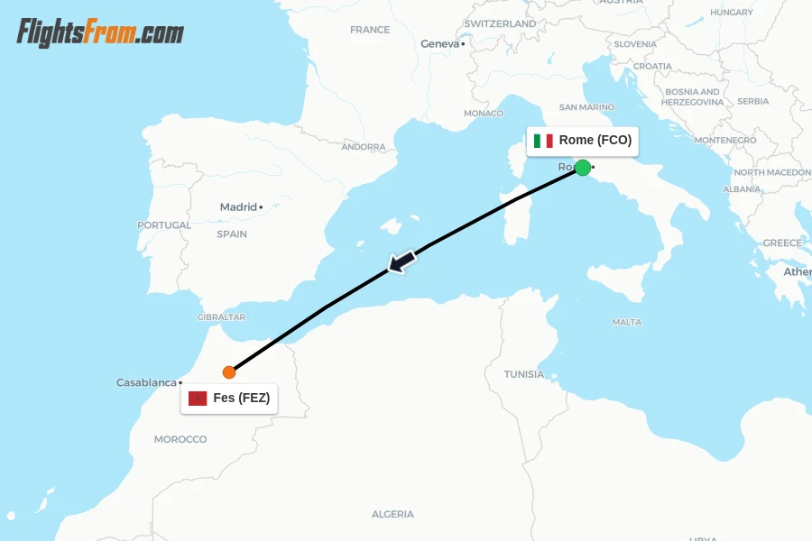 Flights from Rome to Fes route map