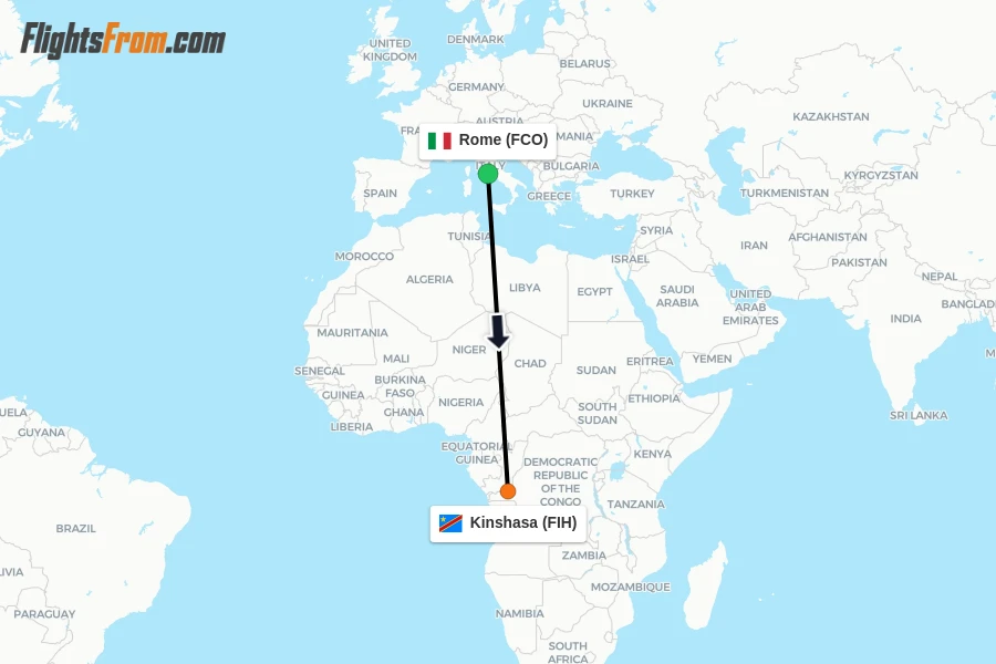 Flights from Rome to Kinshasa route map
