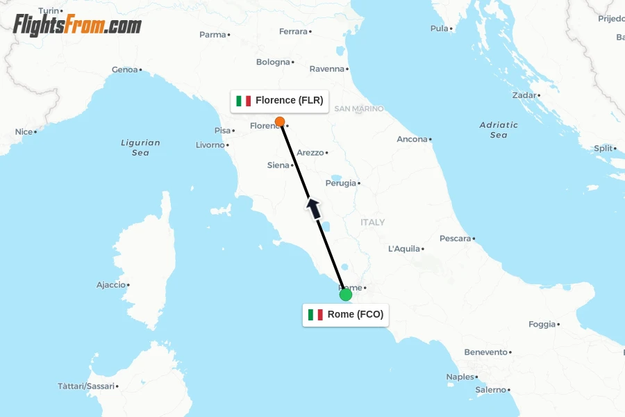 Flights from Rome to Florence route map