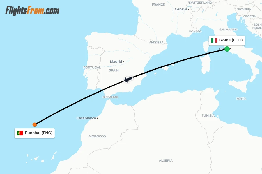 Flights from Rome to Funchal route map