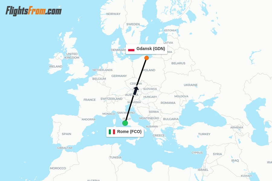 Flights from Rome to Gdansk route map