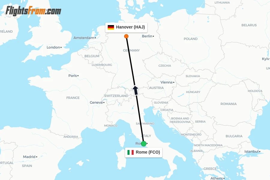 Flights from Rome to Hanover route map