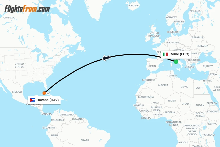 Flights from Rome to Havana route map