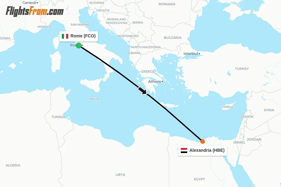 Flights from Rome to Alexandria route map