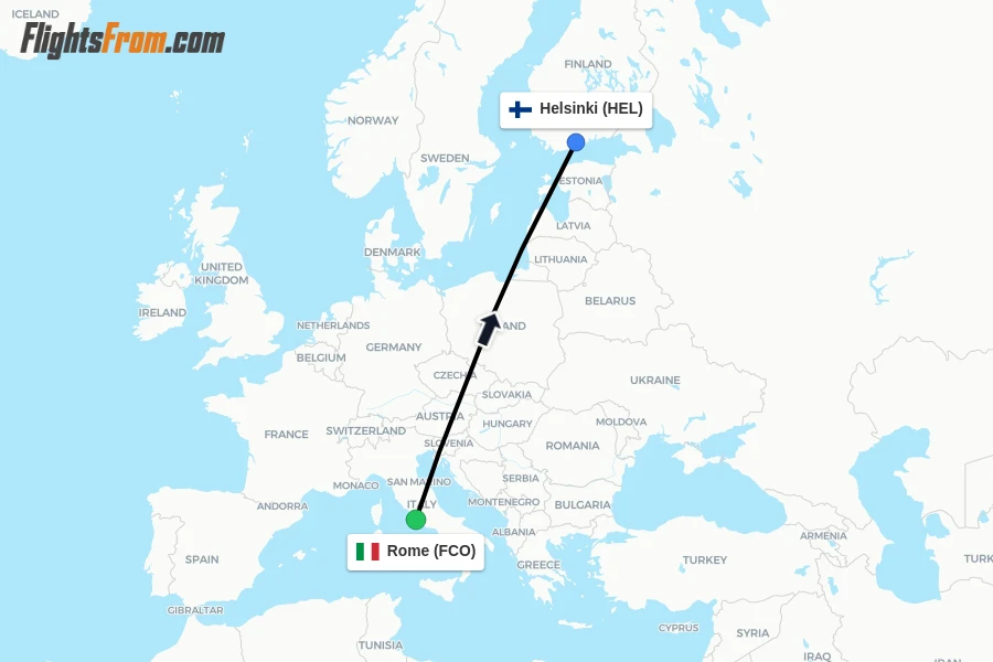 Flights from Rome to Helsinki route map