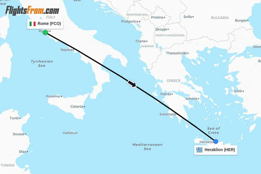 Flights from Rome to Heraklion route map