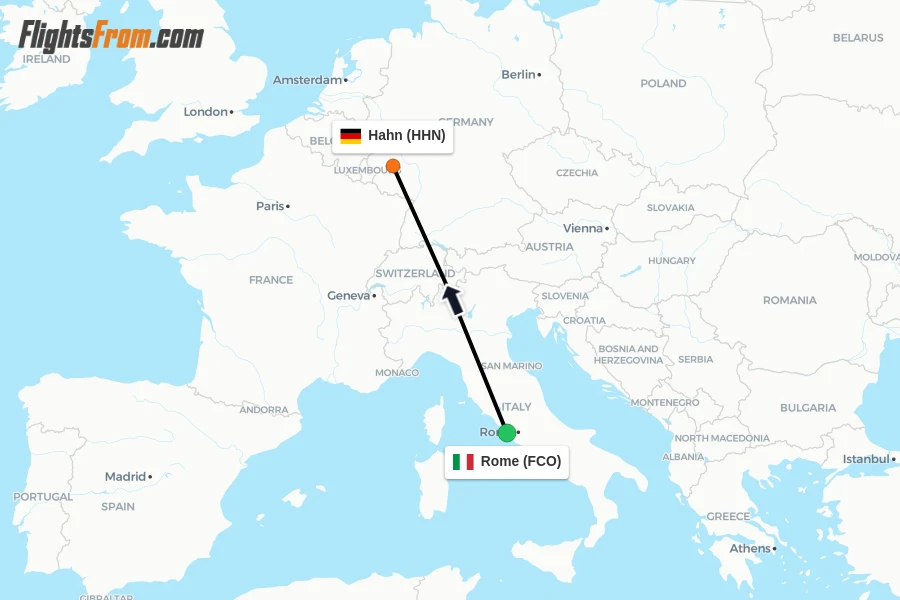 Flights from Rome to Hahn route map