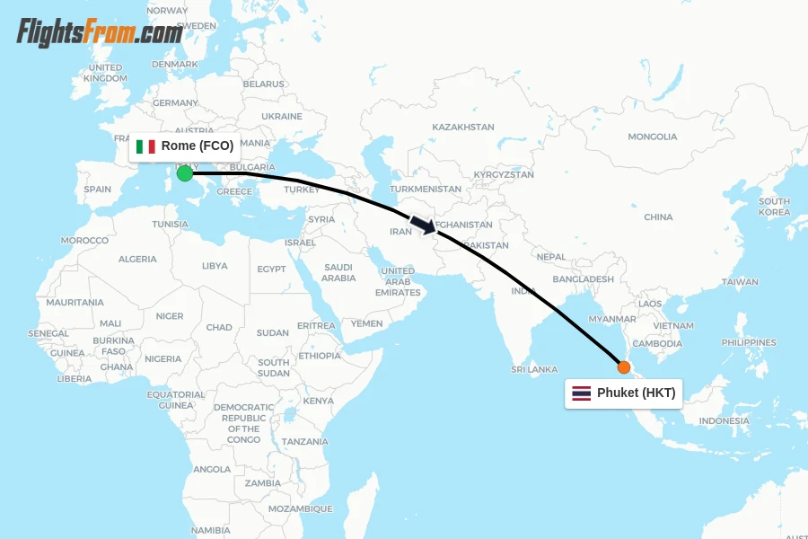 Flights from Rome to Phuket route map
