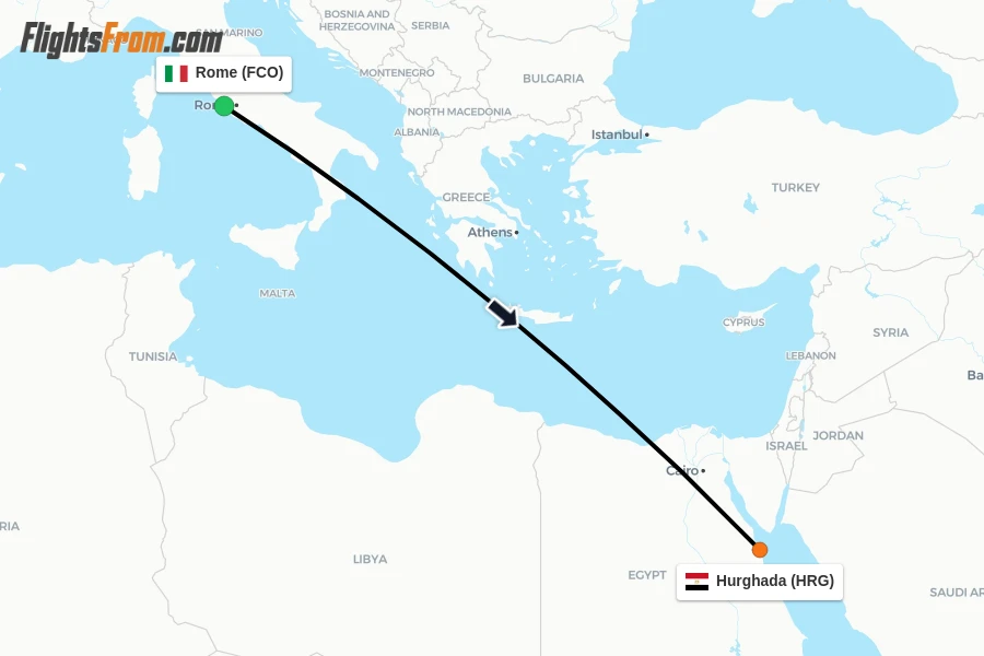Flights from Rome to Hurghada route map
