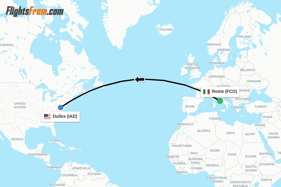 Flights from Rome to Dulles route map