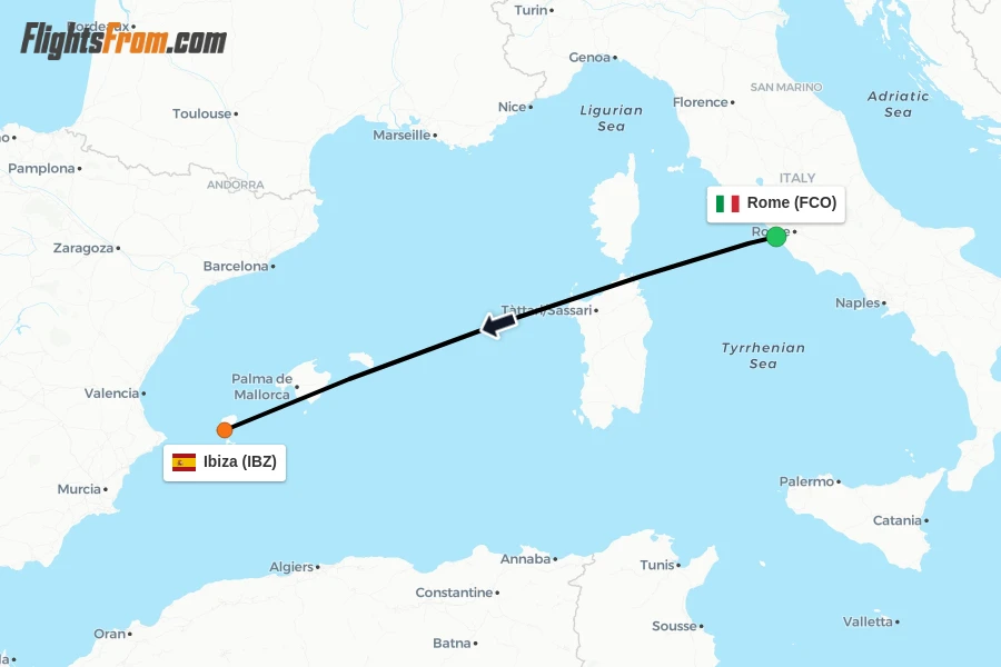 Flights from Rome to Ibiza route map