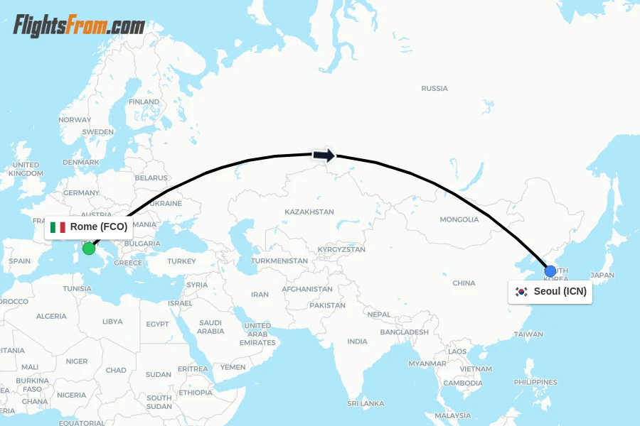 Flights from Rome to Seoul route map