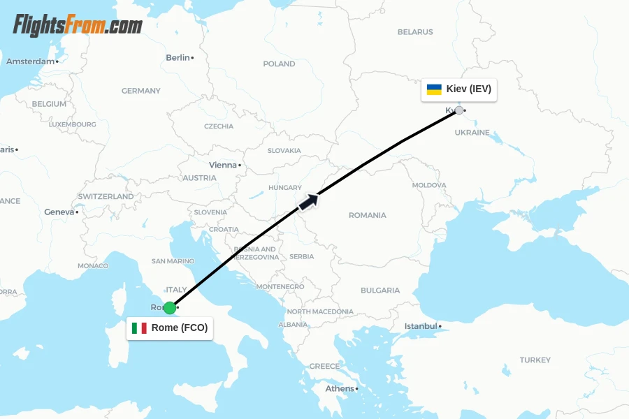 Flights from Rome to Kiev route map