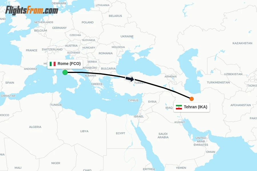 Flights from Rome to Tehran route map