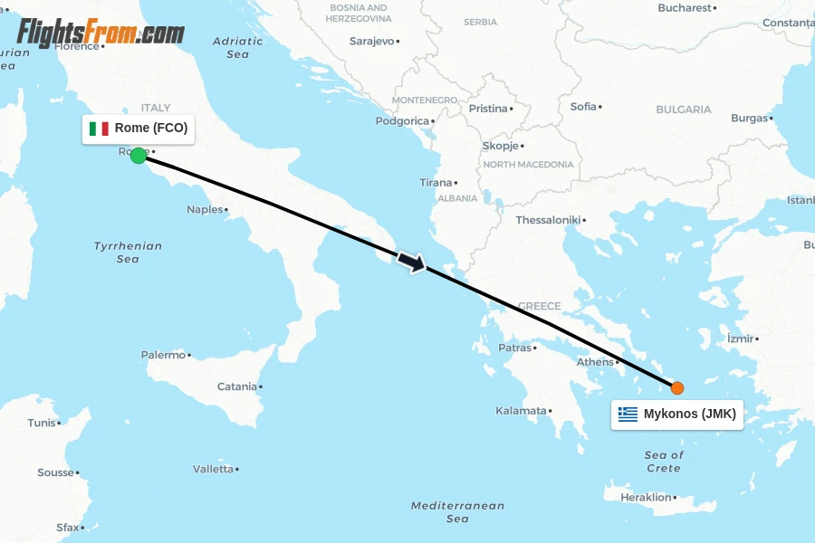 Flights from Rome to Mykonos route map