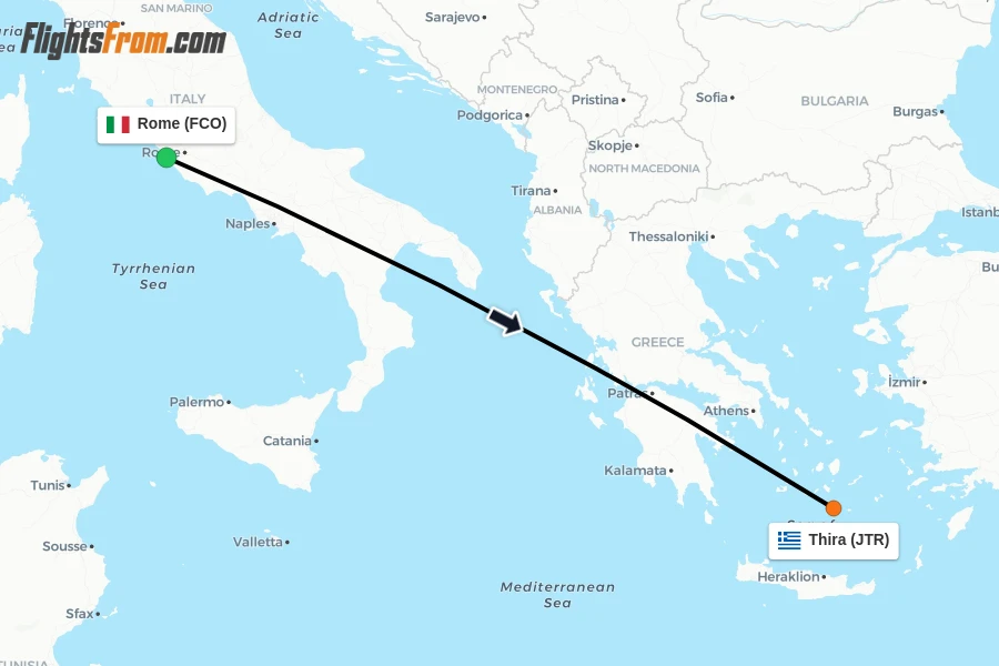 Flights from Rome to Thira route map