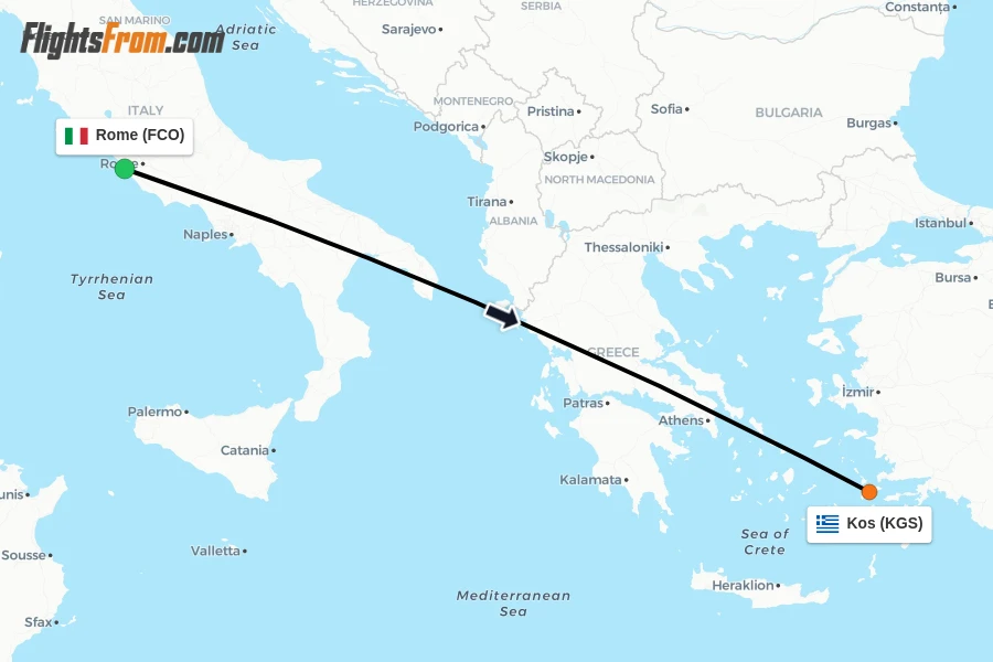 Flights from Rome to Kos route map