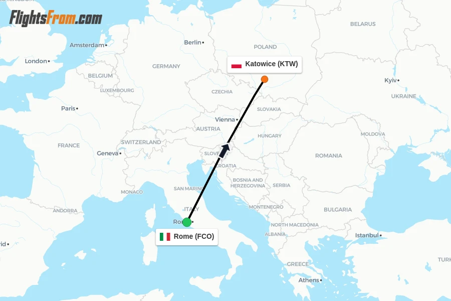 Flights from Rome to Katowice route map