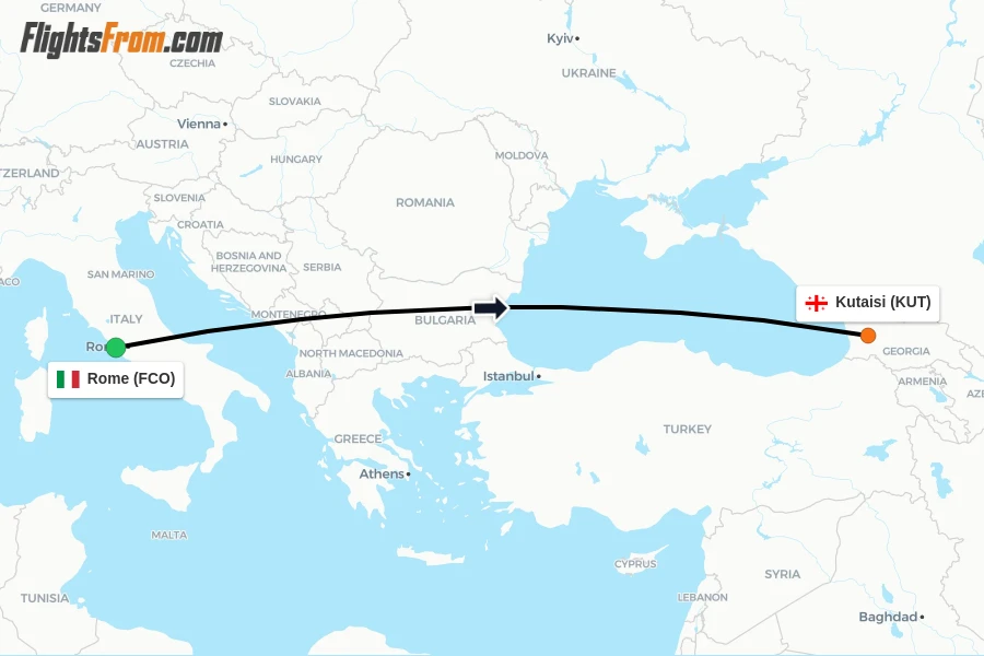 Flights from Rome to Kutaisi route map