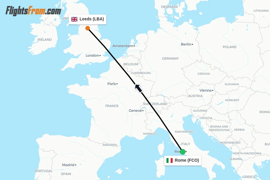 Flights from Rome to Leeds route map