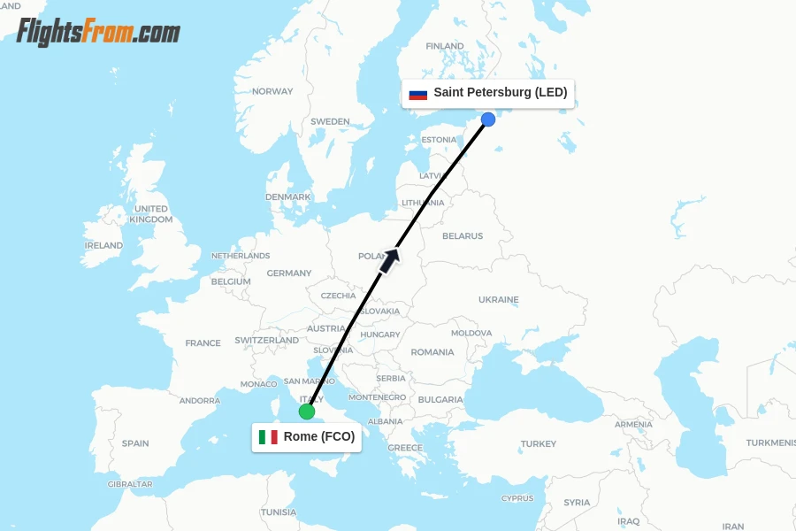 Flights from Rome to Saint Petersburg route map