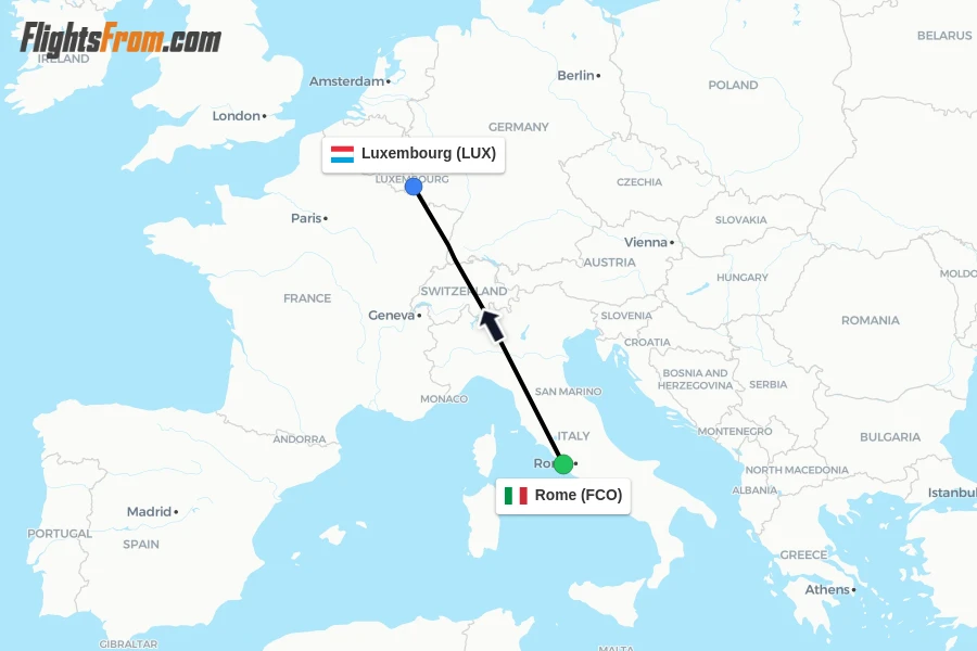 Flights from Rome to Luxembourg route map
