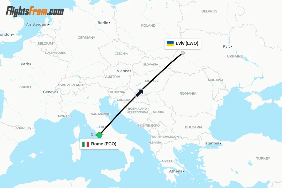Flights from Rome to Lviv route map