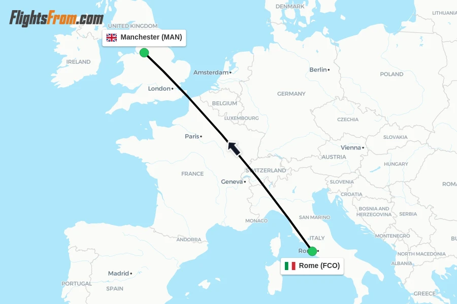 Flights from Rome to Manchester route map