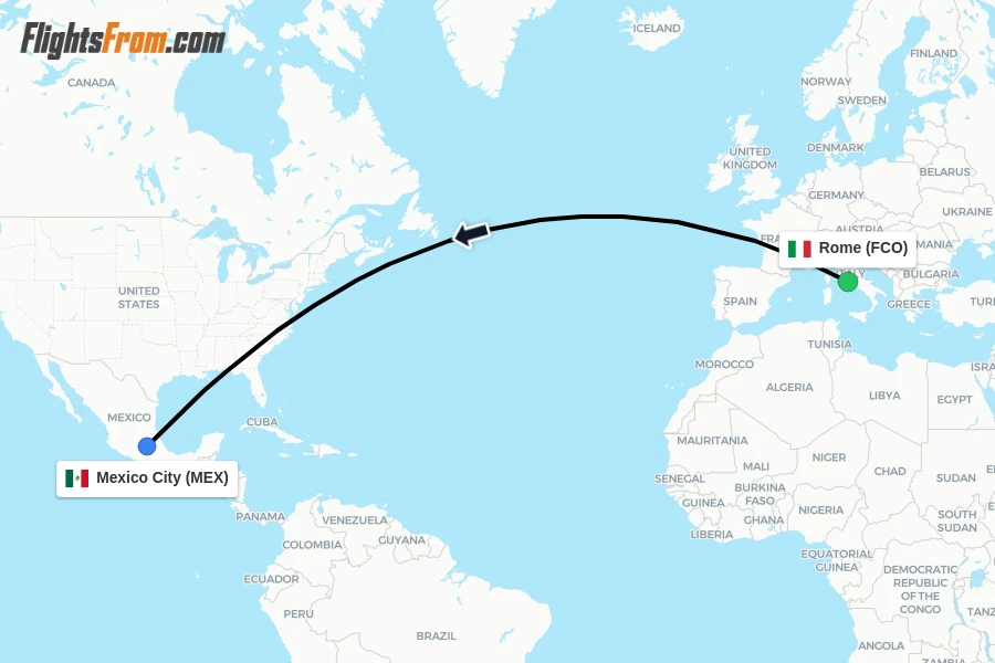 Flights from Rome to Mexico City route map